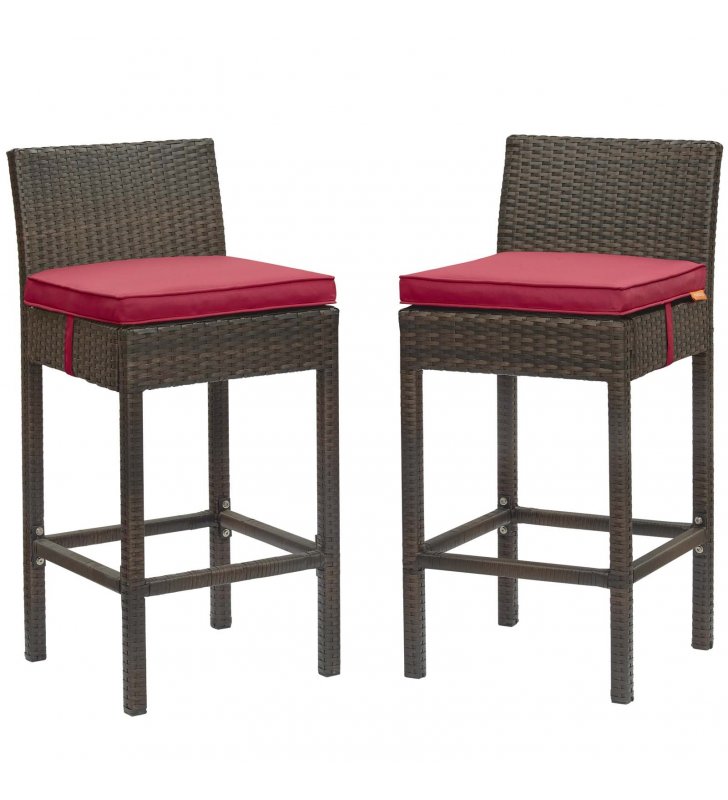 Conduit Bar Stool Outdoor Patio Wicker Rattan Set of 2 in Brown Red - Lexmod