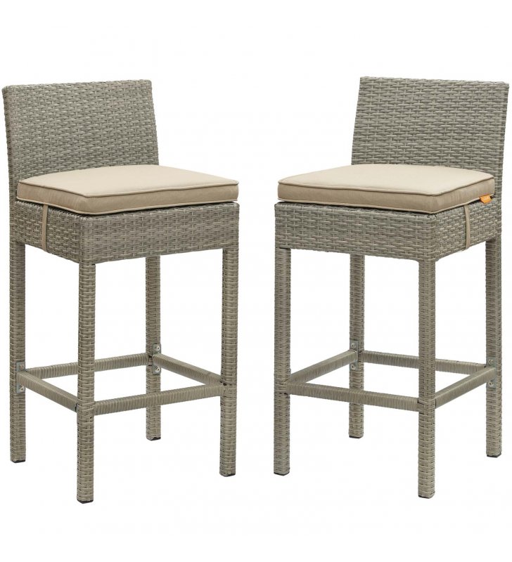 Conduit Bar Stool Outdoor Patio Wicker Rattan Set of 2 in Light Gray Beige - Lexmod