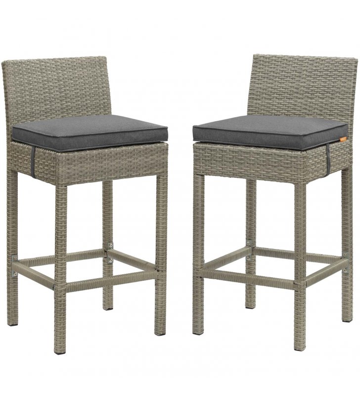 Conduit Bar Stool Outdoor Patio Wicker Rattan Set of 2 in Light Gray Charcoal - Lexmod