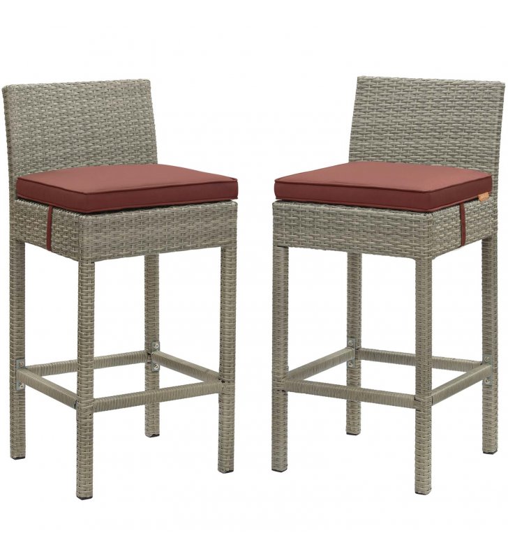 Conduit Bar Stool Outdoor Patio Wicker Rattan Set of 2 in Light Gray Currant - Lexmod