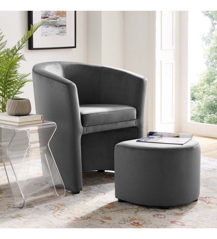 Divulge Performance Velvet Arm Chair and Ottoman Set in Gray - Lexmod