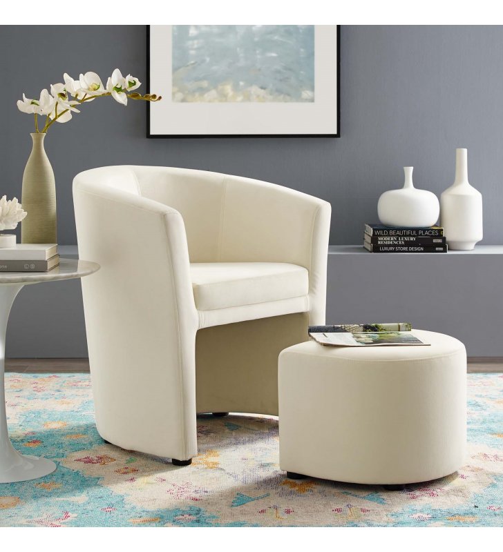 Divulge Performance Velvet Arm Chair and Ottoman Set in Ivory - Lexmod
