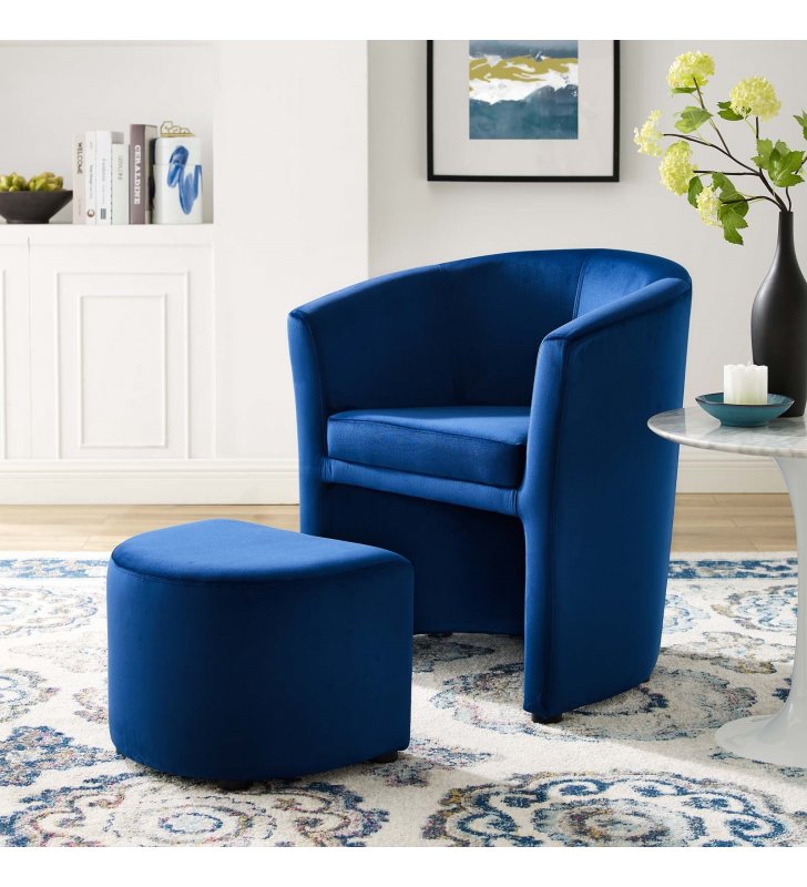 Divulge Performance Velvet Arm Chair and Ottoman Set in Navy - Lexmod