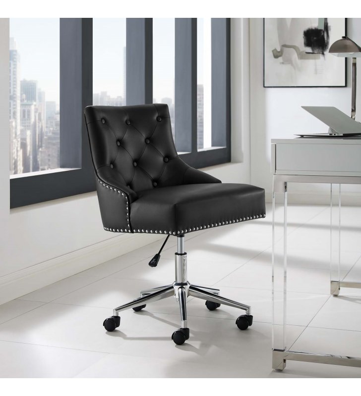 Regent Tufted Button Swivel Faux Leather Office Chair in Black - Lexmod