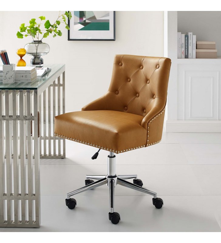Regent Tufted Button Swivel Faux Leather Office Chair in Tan - Lexmod
