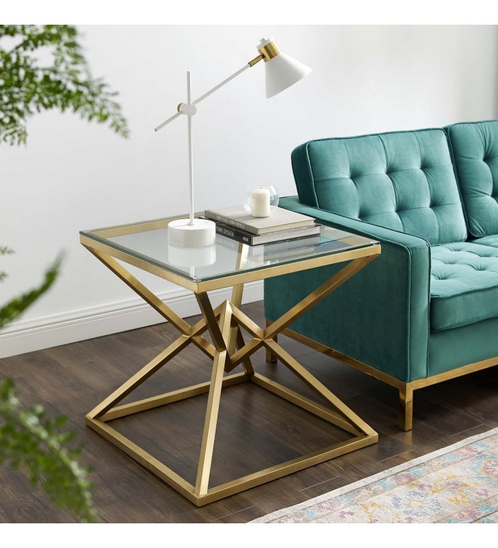 Point 25.5" Brushed Gold Metal Stainless Steel Side Table in Gold - Lexmod