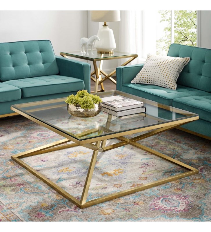 Point 39.5" Brushed Gold Metal Stainless Steel Coffee Table in Gold - Lexmod