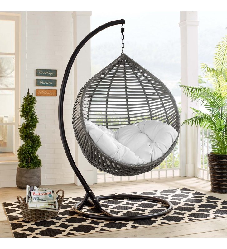 Garner Teardrop Outdoor Patio Swing Chair in Gray White - Lexmod