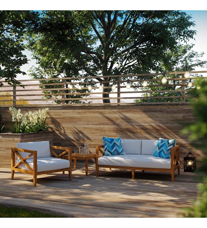 Northlake 3 Piece Outdoor Patio Premium Grade A Teak Wood Set in Natural White - Lexmod