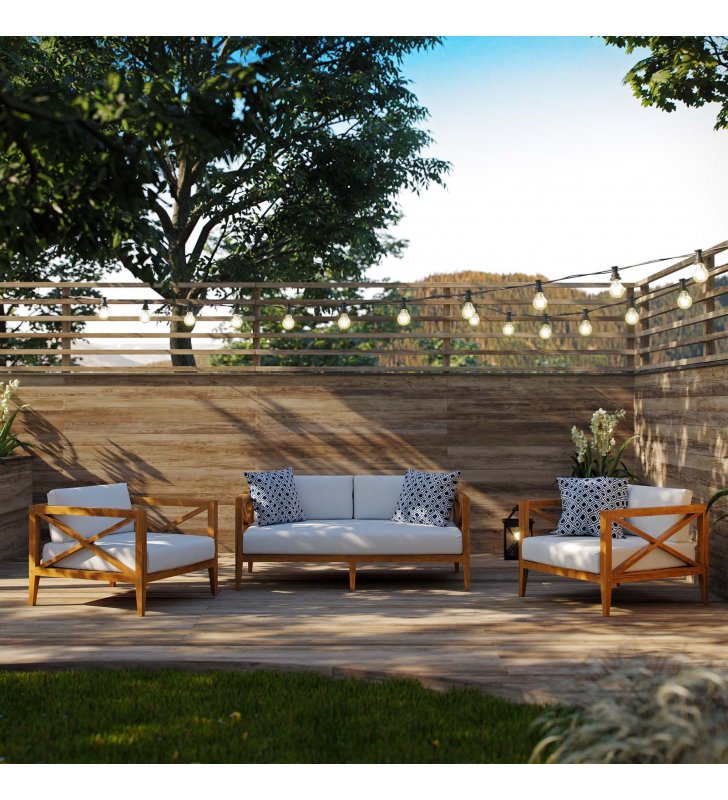Northlake 3 Piece Outdoor Patio Premium Grade A Teak Wood Set in Natural White - Lexmod