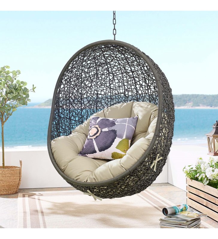 Hide Sunbrella Fabric Swing Outdoor Patio Lounge Chair Without Stand in Gray Beige - Lexmod