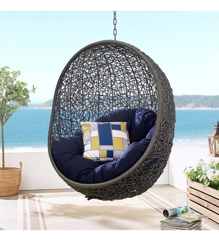 Hide Sunbrella Fabric Swing Outdoor Patio Lounge Chair Without Stand in Gray Navy - Lexmod