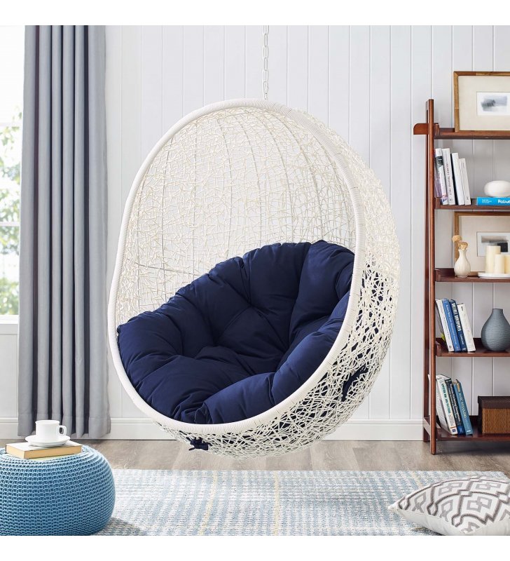 Hide Sunbrella Fabric Swing Outdoor Patio Lounge Chair Without Stand in White Navy - Lexmod