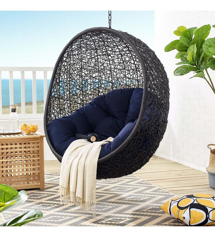 Encase Sunbrella Fabric Swing Outdoor Patio Lounge Chair Without Stand in Black Navy - Lexmod