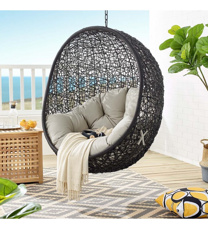 Encase Swing Outdoor Patio Lounge Chair Without Stand in Black Beige - Lexmod