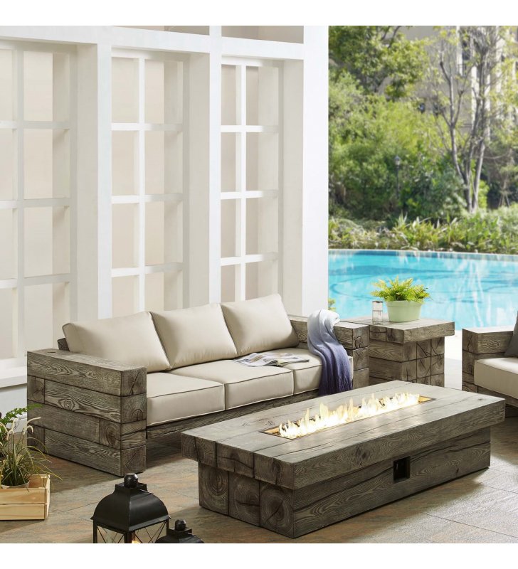 Manteo Rustic Coastal Outdoor Patio Sunbrella¬Æ Sofa and Fire Pit Set in Light Gray Beige - Lexmod
