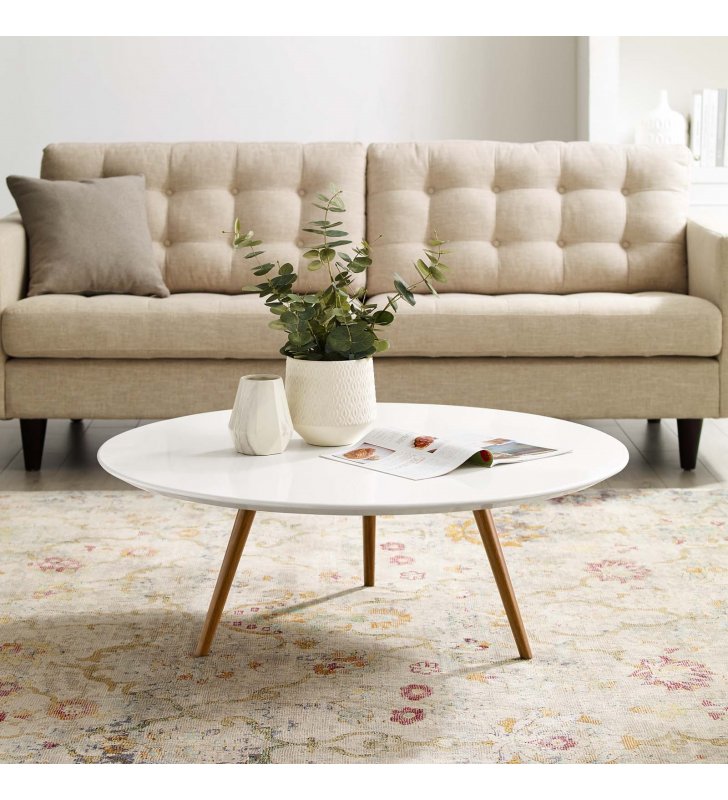 Lippa 40" Round Wood Top Coffee Table with Tripod Base in Walnut White - Lexmod