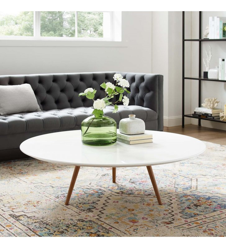 Lippa 47" Round Wood Top Coffee Table with Tripod Base in Walnut White - Lexmod