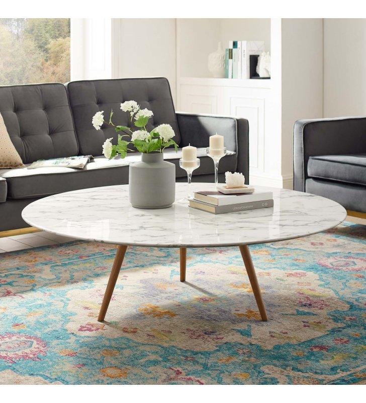 Lippa 47" Round Artificial Marble Coffee Table with Tripod Base in Walnut White - Lexmod