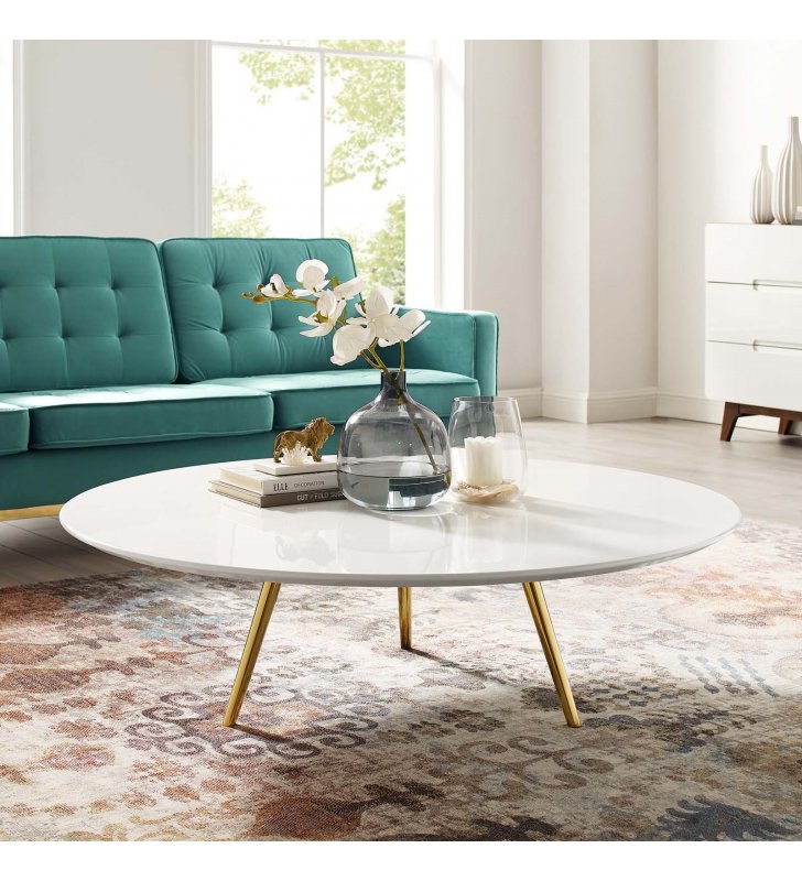 Lippa 47" Round Wood Top Coffee Table with Tripod Base in Gold White - Lexmod