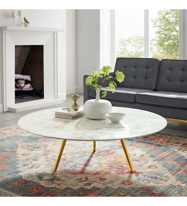 Lippa 47" Round Artificial Marble Coffee Table with Tripod Base in Gold White - Lexmod
