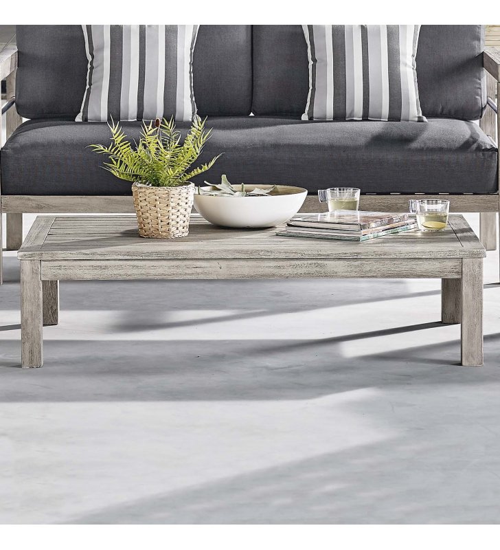 Wiscasset Outdoor Patio Acacia Wood Coffee Table in Light Gray - Lexmod