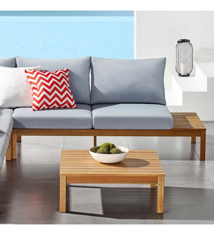 Freeport Karri Wood Outdoor Patio Loveseat with Right-Facing Side End Table in Natural Light Blue - Lexmod