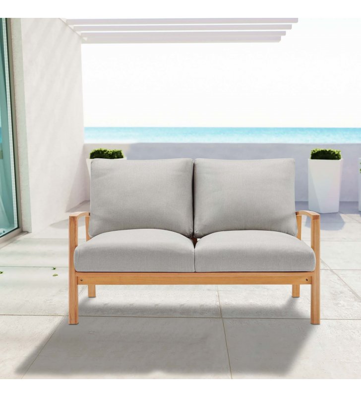 Orlean Outdoor Patio Eucalyptus Wood Loveseat in Natural Light Gray - Lexmod