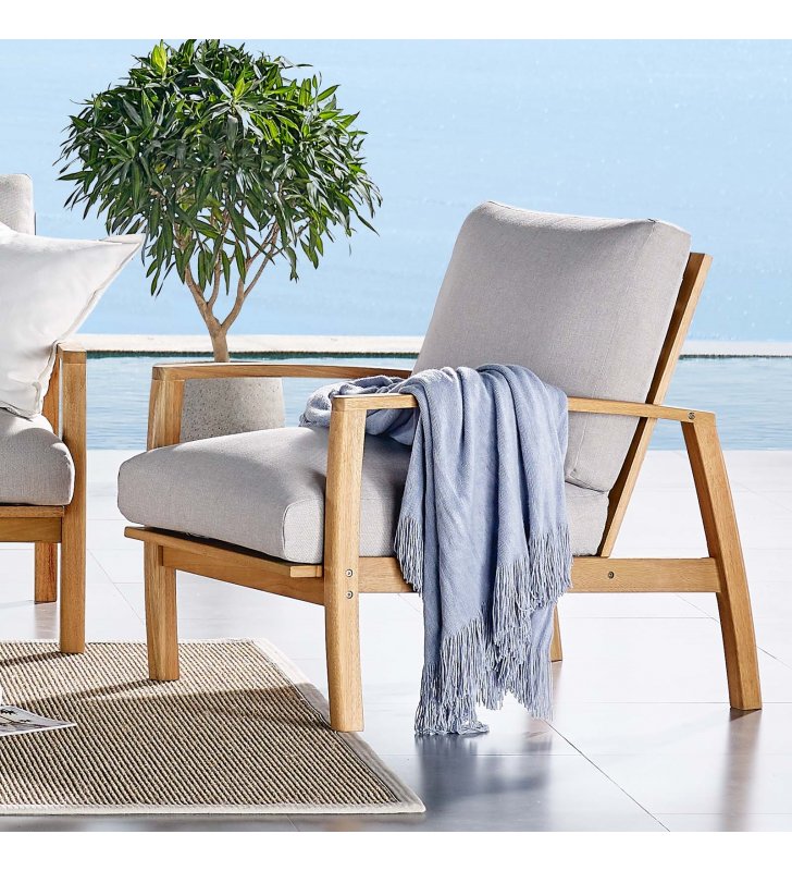Orlean Outdoor Patio Eucalyptus Wood Lounge Armchair in Natural Light Gray - Lexmod