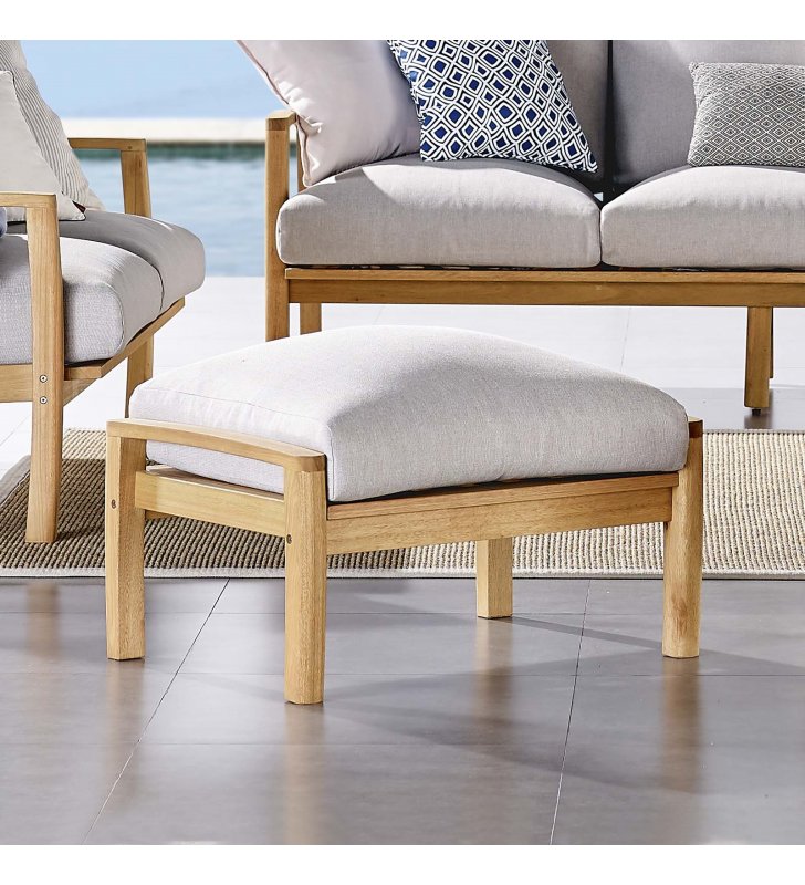 Orlean Outdoor Patio Eucalyptus Wood Ottoman in Natural Light Gray - Lexmod