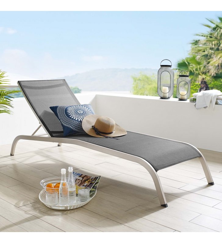 Savannah Mesh Chaise Outdoor Patio Aluminum Lounge Chair in Black - Lexmod