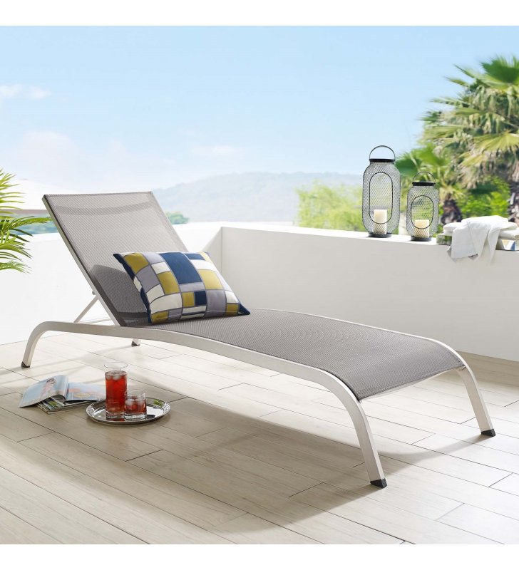 Savannah Mesh Chaise Outdoor Patio Aluminum Lounge Chair in Gray - Lexmod