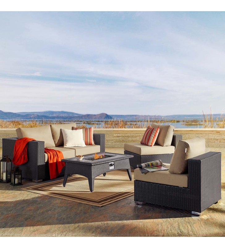 Convene 5 Piece Set Outdoor Patio with Fire Pit in Espresso Beige - Lexmod