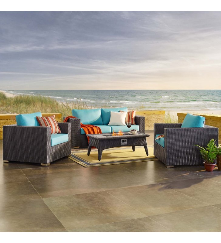 Convene 4 Piece Set Outdoor Patio with Fire Pit in Espresso Turquoise - Lexmod