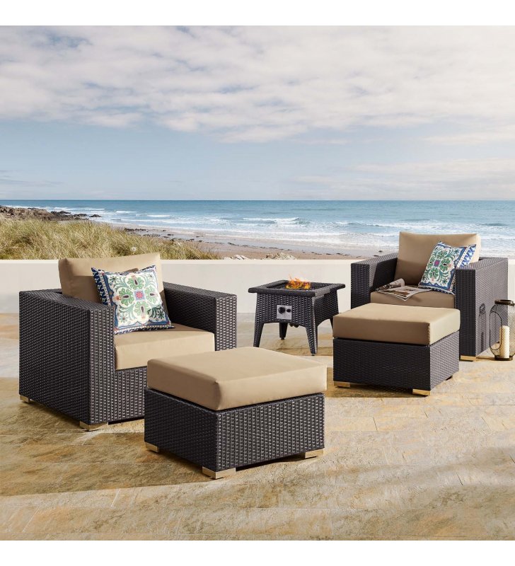 Convene 5 Piece Set Outdoor Patio with Fire Pit in Espresso Mocha - Lexmod