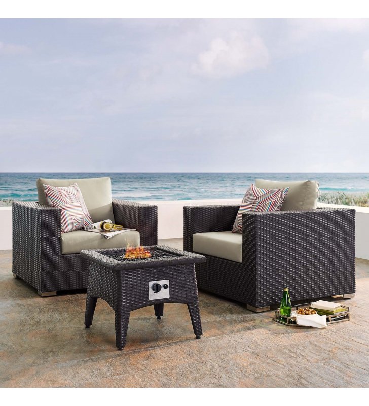 Convene 3 Piece Set Outdoor Patio with Fire Pit in Espresso Beige - Lexmod