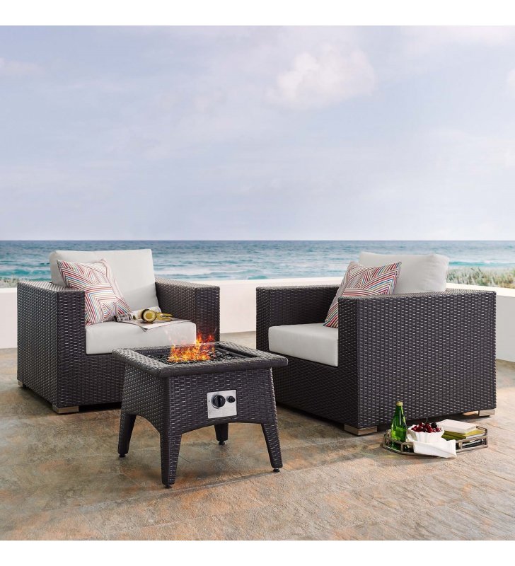 Convene 3 Piece Set Outdoor Patio with Fire Pit in Espresso White - Lexmod