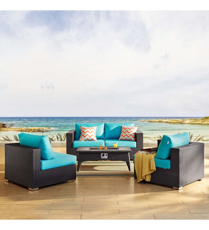 Convene 5 Piece Set Outdoor Patio with Fire Pit in Espresso Turquoise - Lexmod