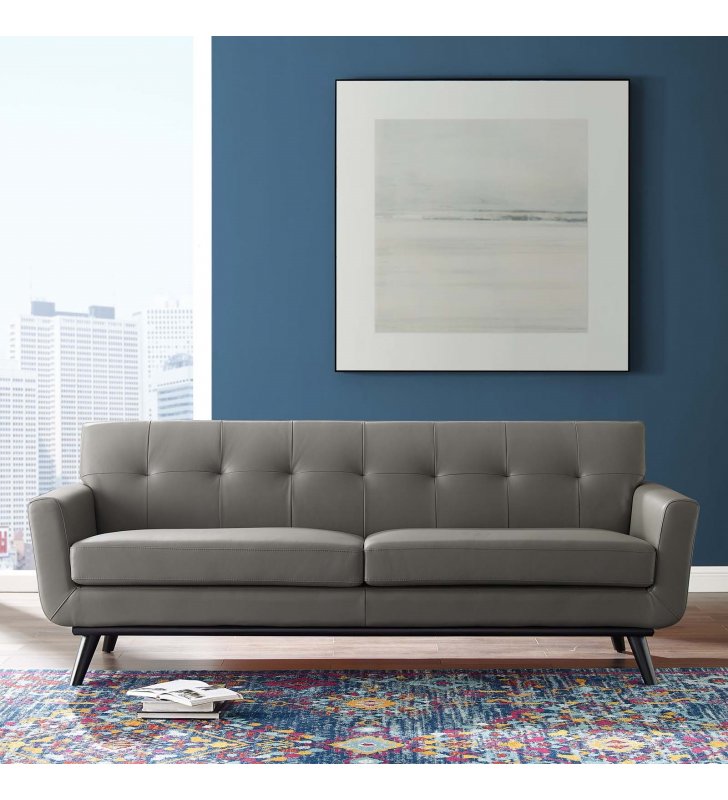 Engage Top-Grain Leather Living Room Lounge Sofa in Gray - Lexmod