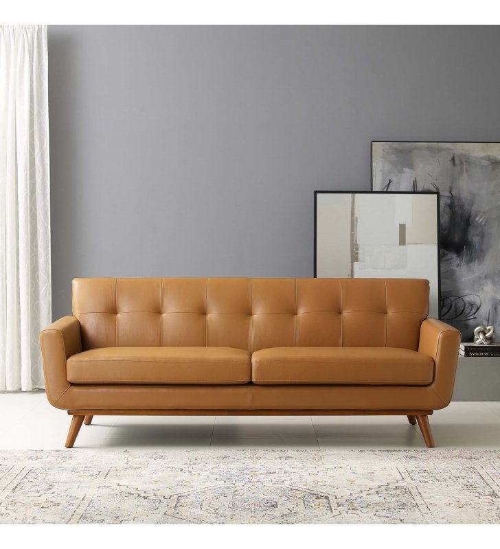 Engage Top-Grain Leather Living Room Lounge Sofa in Tan - Lexmod
