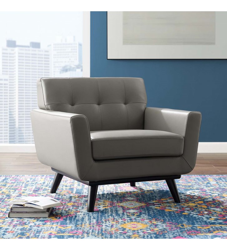 Engage Top-Grain Leather Living Room Lounge Accent Armchair in Gray - Lexmod