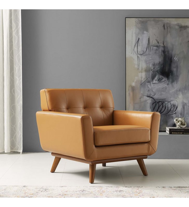 Engage Top-Grain Leather Living Room Lounge Accent Armchair in Tan - Lexmod