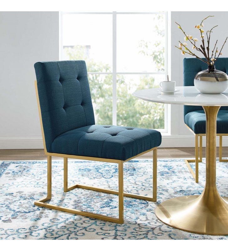 Privy Gold Stainless Steel Upholstered Fabric Dining Accent Chair in Gold Azure - Lexmod
