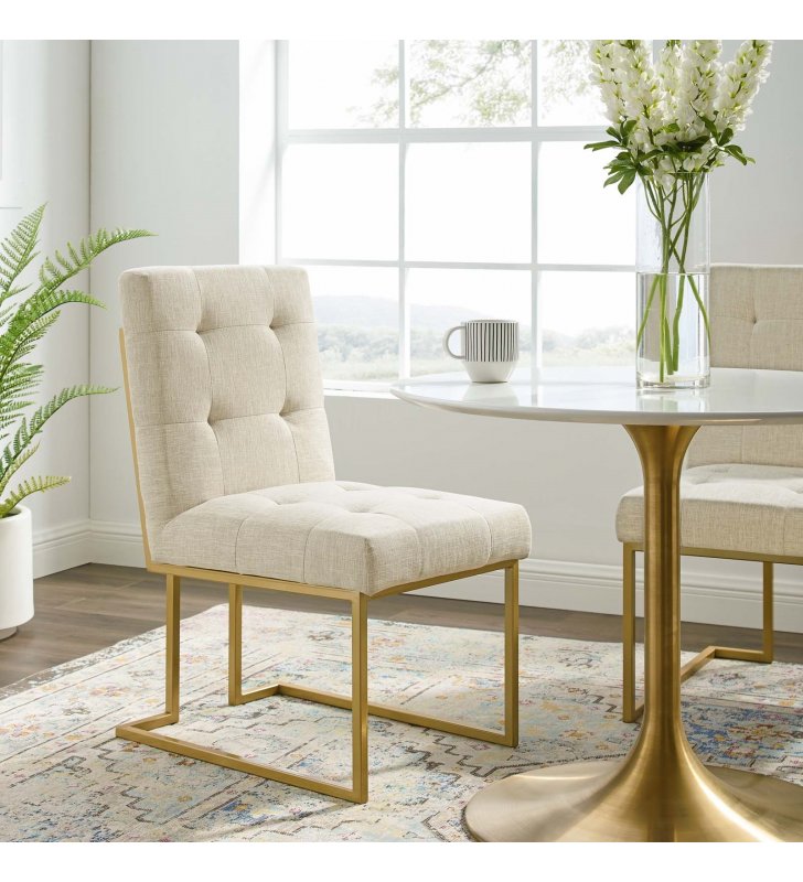 Privy Gold Stainless Steel Upholstered Fabric Dining Accent Chair in Gold Beige - Lexmod