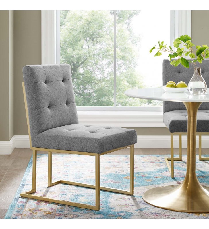 Privy Gold Stainless Steel Upholstered Fabric Dining Accent Chair in Gold Light Gray - Lexmod