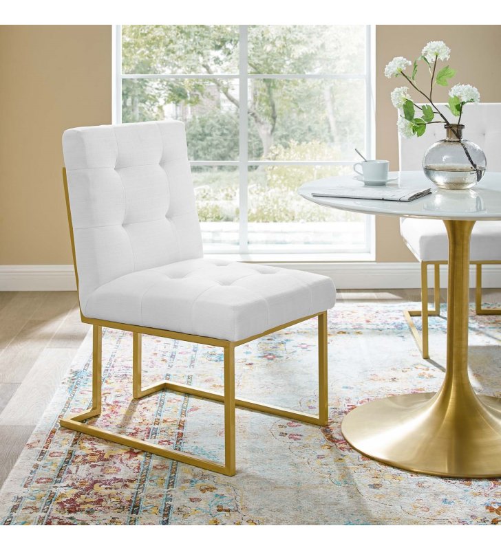 Privy Gold Stainless Steel Upholstered Fabric Dining Accent Chair in Gold White - Lexmod