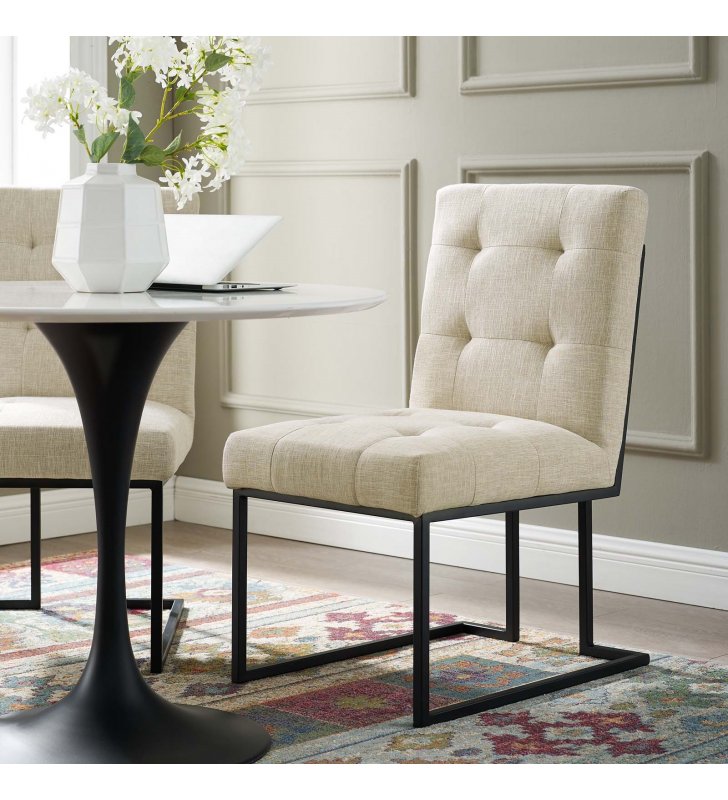 Privy Black Stainless Steel Upholstered Fabric Dining Chair in Black Beige - Lexmod