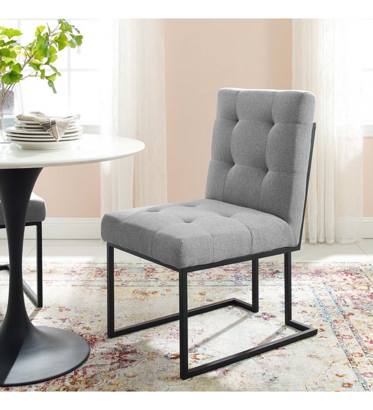 Privy Black Stainless Steel Upholstered Fabric Dining Chair in Black Light Gray - Lexmod