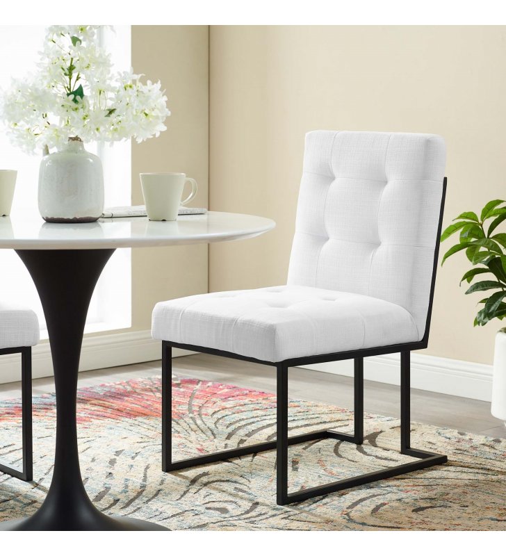 Privy Black Stainless Steel Upholstered Fabric Dining Chair in Black White - Lexmod