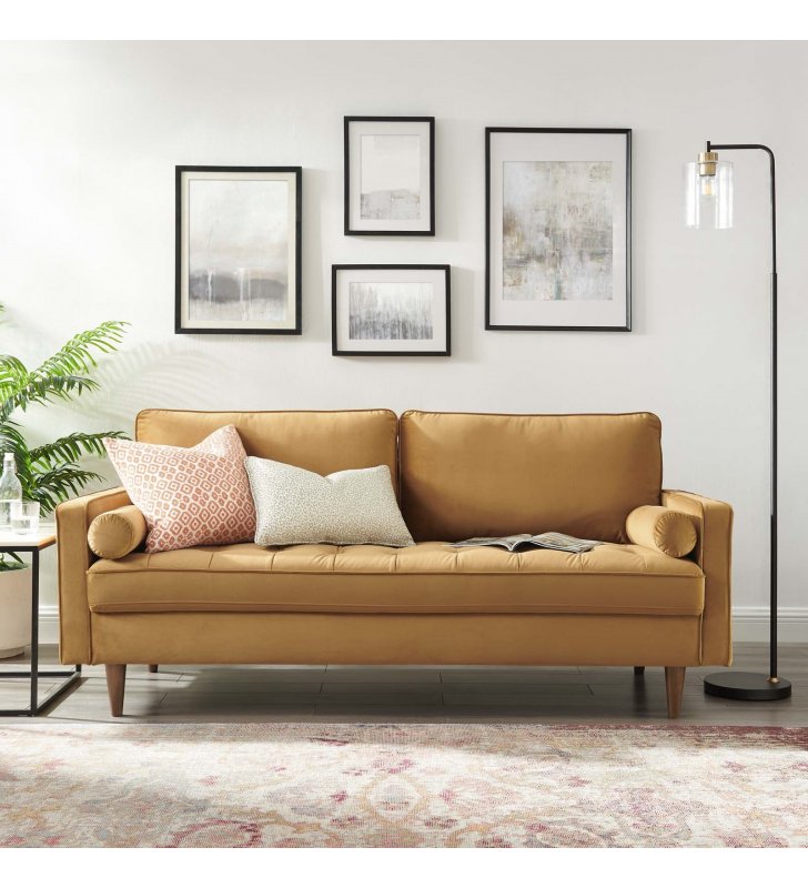 Valour Performance Velvet Sofa in Cognac - Lexmod